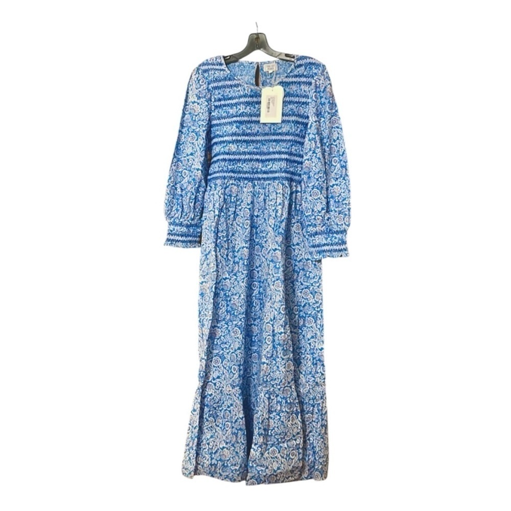 NWT Pink City Prints Isabel Dress S Ornate Sky Blue Cotton Smocked Midi - Picture 7 of 12